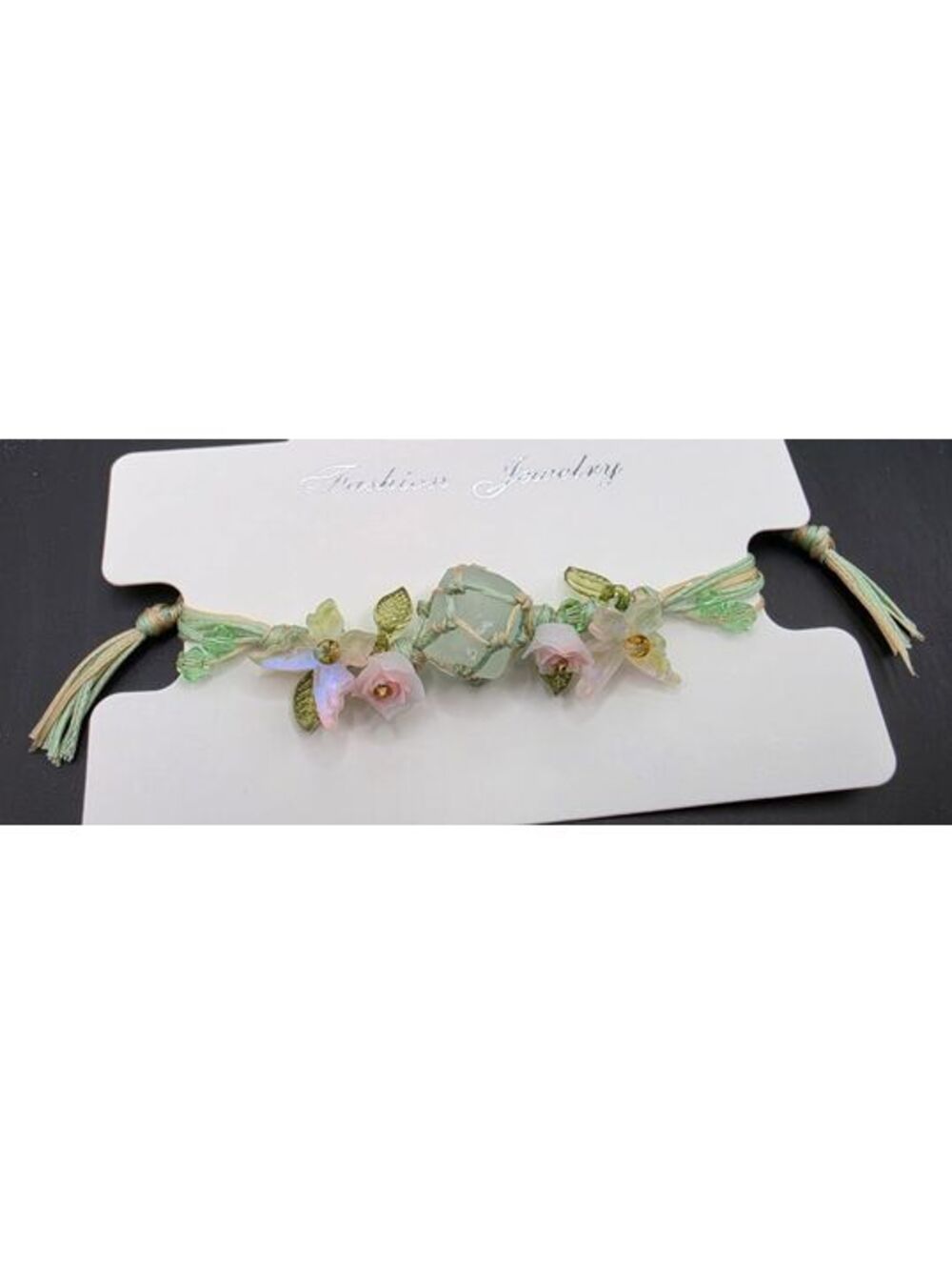 Adjustable Bracelet with Light Pink Flowers Crystal Center Stone and Green Beads
